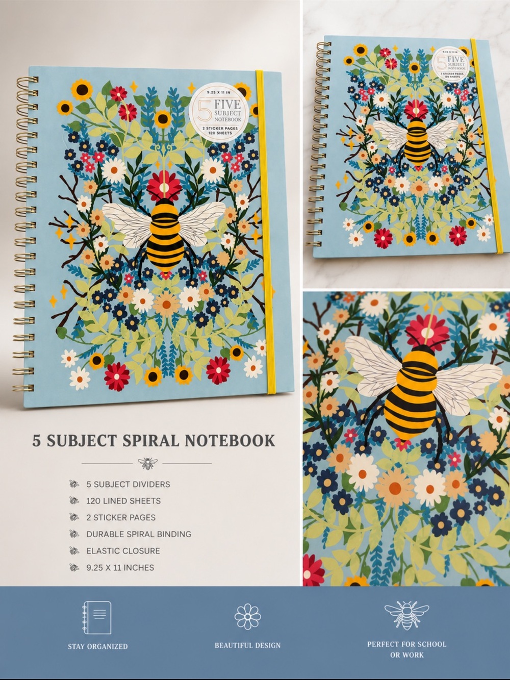 James Burke Bee Floral 5-Subject Spiral Notebook - Blue & Yellow
